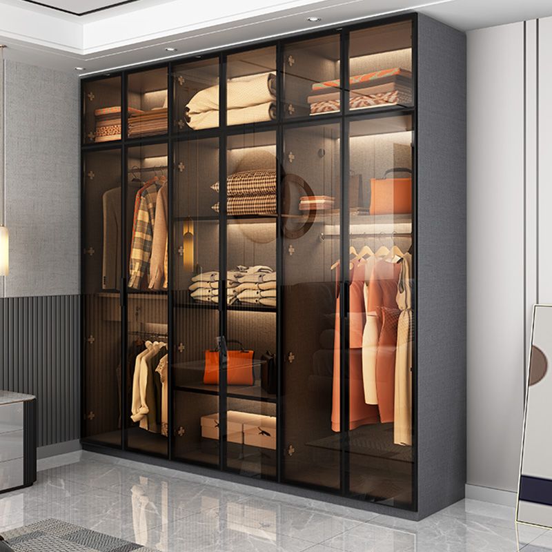 Bedroom Hinged Doors Storage Cabinet Glass Door Wardrobe with Garment Rod