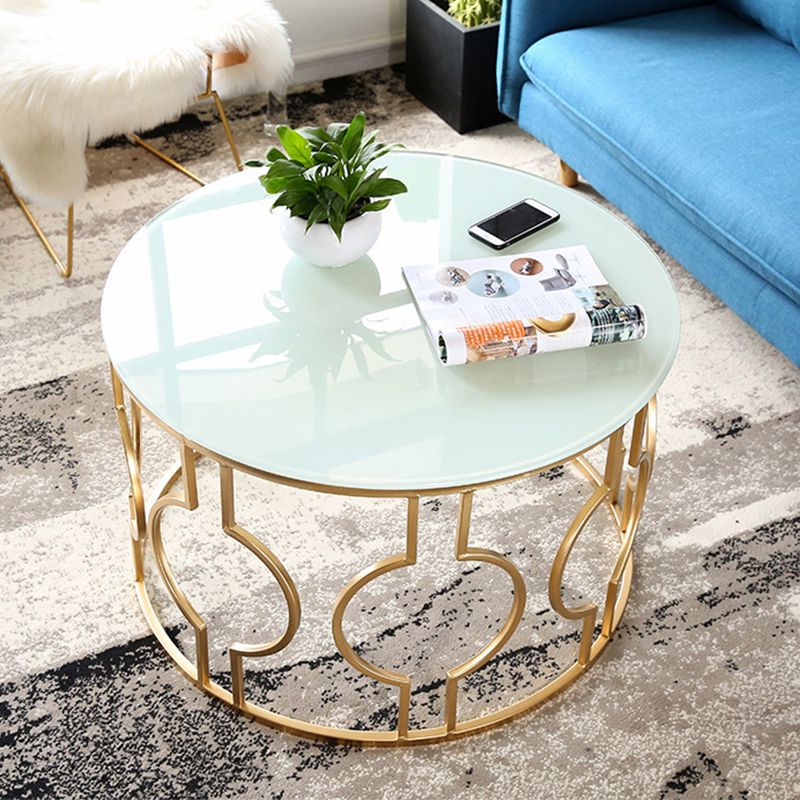 Contemporary Round Glass Coffee Table with Iron Frame Base Cocktail Table Clearhalo 'Coffee & Accent Tables' 'Coffee Tables' 'coffee_tables' 'furn' 'furn_coffee_tables' 'Furniture' 'Living Room Furniture' 1200x1200_4251a451-8f64-4f9f-b492-22247fed3305