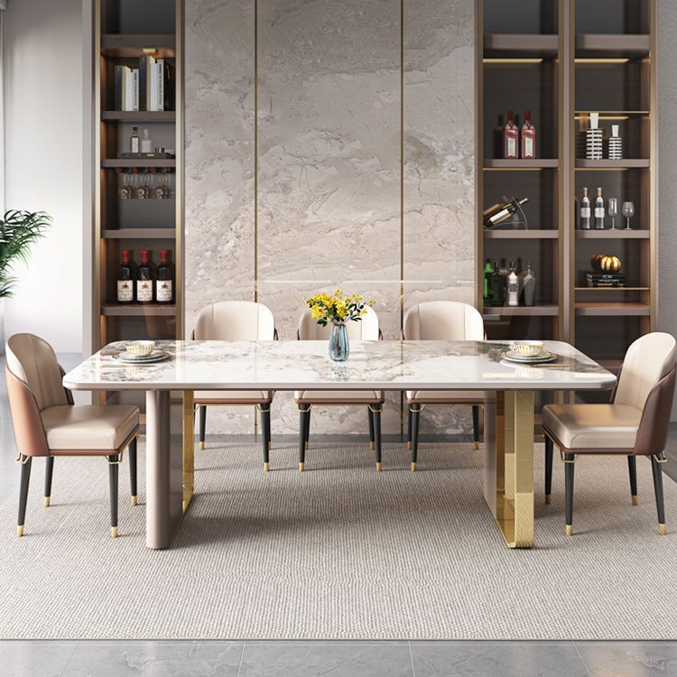 Modern Sintered Stone Table Set of 5/7 with Rectangle Table Dining Set with Gold Double Pedestal Clearhalo 'Dining Room Sets' 'Dining Tables & Seating' 'dining_room_set' 'furn' 'furn_dining_room_set' 'Furniture' 'furniture_dining_room_set' 'Kitchen & Dining Furniture' 'kitchen&dining_furn' 'kitchen' 1200x1200_42615de9-f92d-4197-83c4-197c1be4d9b7