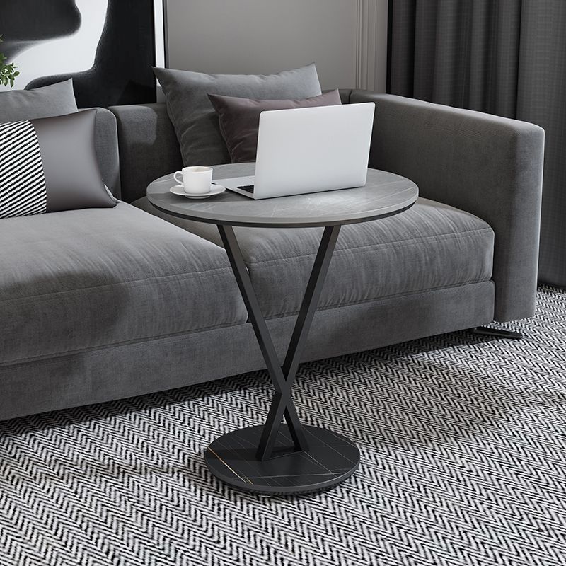 Modernistic Slate Top Round Side End Table Metal X-base End Table
