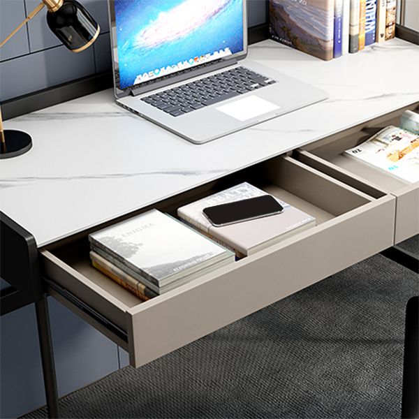 Modern Stone Rectangular Writing Desk 2-Drawers White Office Desk with H-Base Clearhalo 'furn' 'furn_office_desk' 'Furniture' 'Office Desks' 'Office Furniture' 'office_desk' 1200x1200_42961a39-c47f-4cd0-9101-d1a4a1c790bd