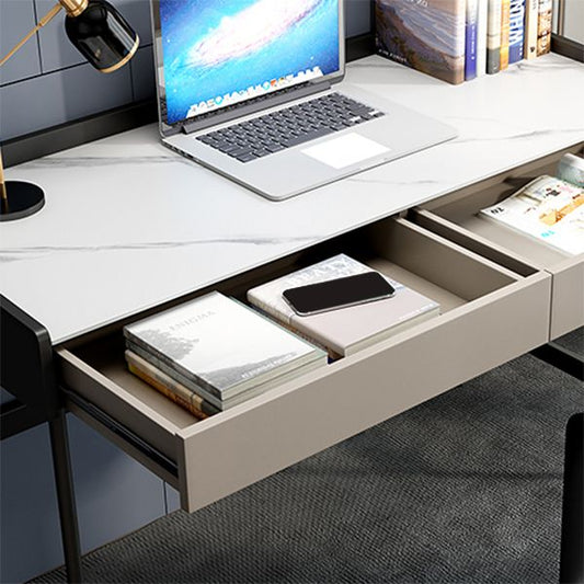 Modern Stone Rectangular Writing Desk 2-Drawers White Office Desk with H-Base Clearhalo 'furn' 'furn_office_desk' 'Furniture' 'Office Desks' 'Office Furniture' 'office_desk' 1200x1200_42961a39-c47f-4cd0-9101-d1a4a1c790bd
