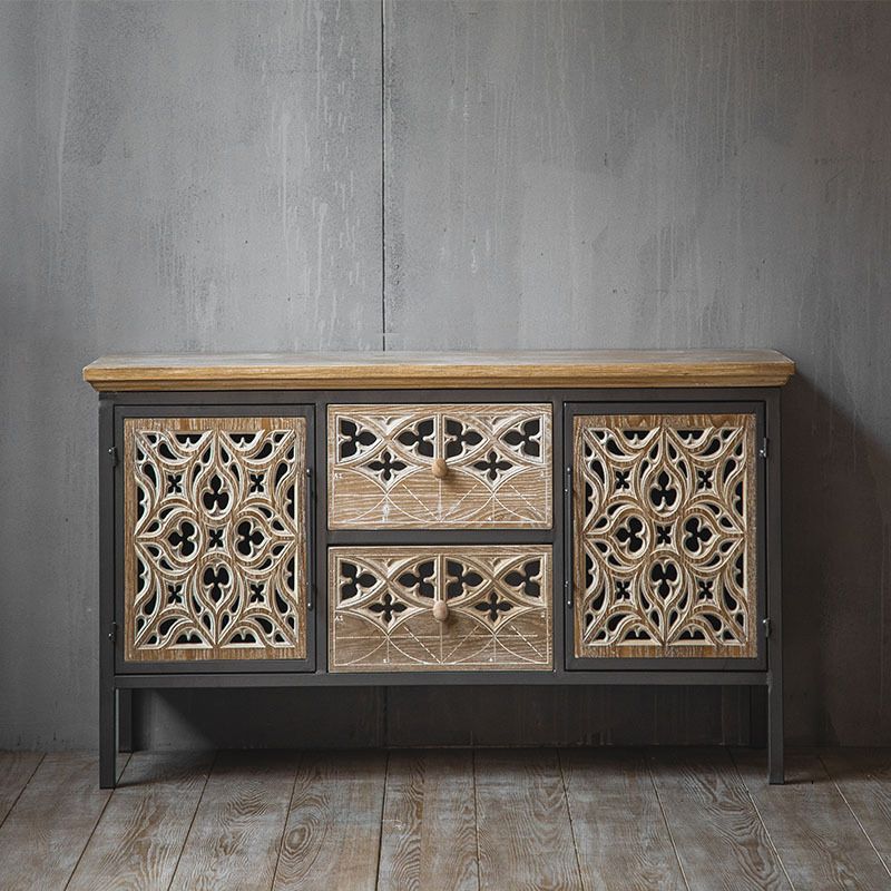 Metal and Distressed Wood Accent Cabinet Industrial Style Fretwork Chest
