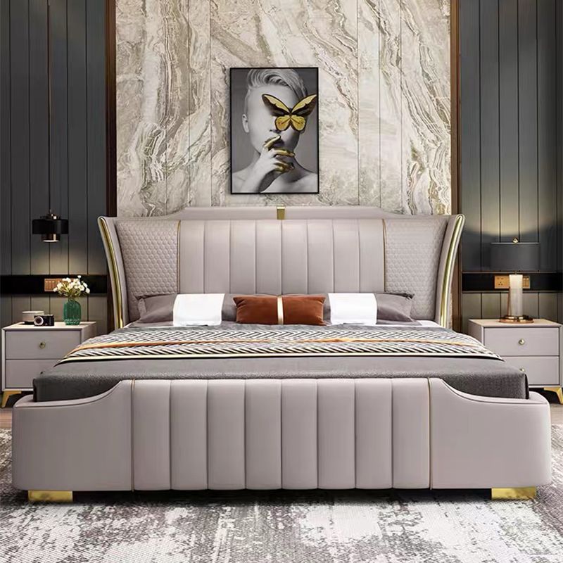 Glam Pine Wood Upholstered Headboard Rectangular Wingback Bed