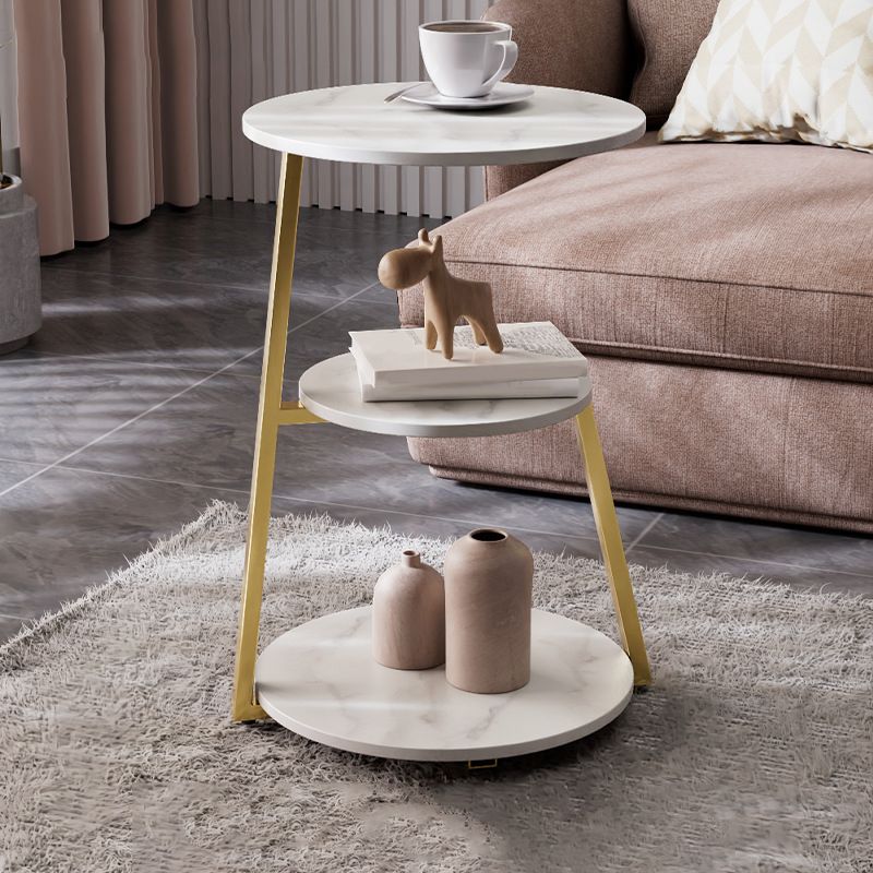 Glam Metal Side Table with Shelves Round Stone Top Accent Side Table