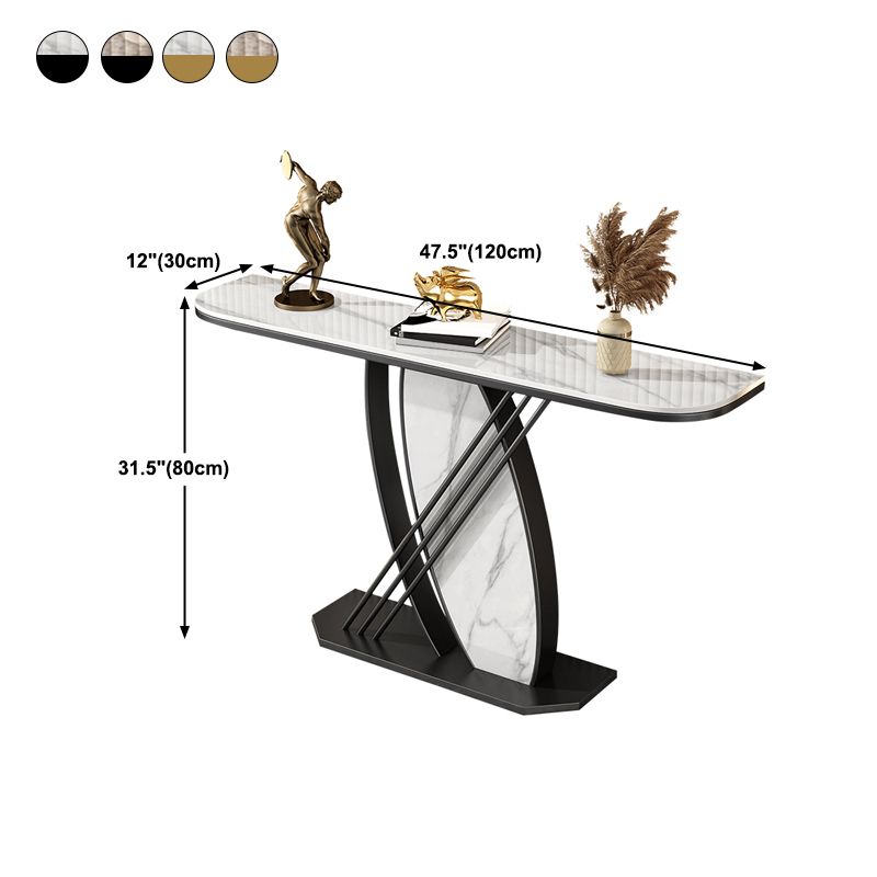 Stone Half Moon Accent Table with Iron Pedestal Base for Hall