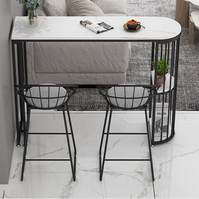 Glam White Stone Pub Bar Table Indoor Iron Double Pedestal Bar Dining Table with 2-Shelf Clearhalo 'Bar Furniture' 'Bar Tables' 'bar_tables' 'furn' 'furn_bar_tables' 'Furniture' 'furniture_bar_tables' 'Kitchen & Dining Furniture' 1200x1200_43116c46-f4cf-48a6-9cd6-df63cfed4d40