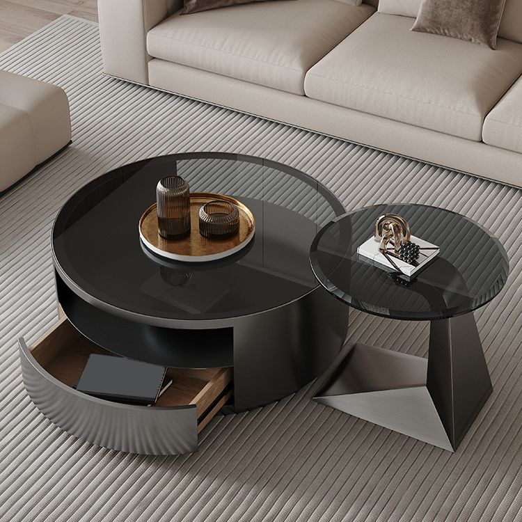 Contemporary Round Glass Coffee Table Set 1-Drawer 2 Piece Bunching Tables Clearhalo 'Coffee & Accent Tables' 'Coffee Tables' 'coffee_tables' 'furn' 'furn_coffee_tables' 'Furniture' 'Living Room Furniture' 1200x1200_43247c11-5f82-4a9d-82c3-1ac9799c333b