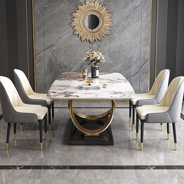 Set da pranzo da 1/5/7 PC con tavolo da dinette in pietra bianca lucida e sedie imbottite