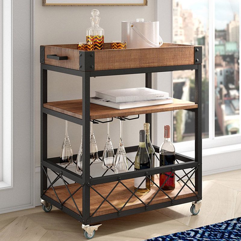 Modern Open Storage Kitchen Trolley Pine Wood Rolling Prep Table