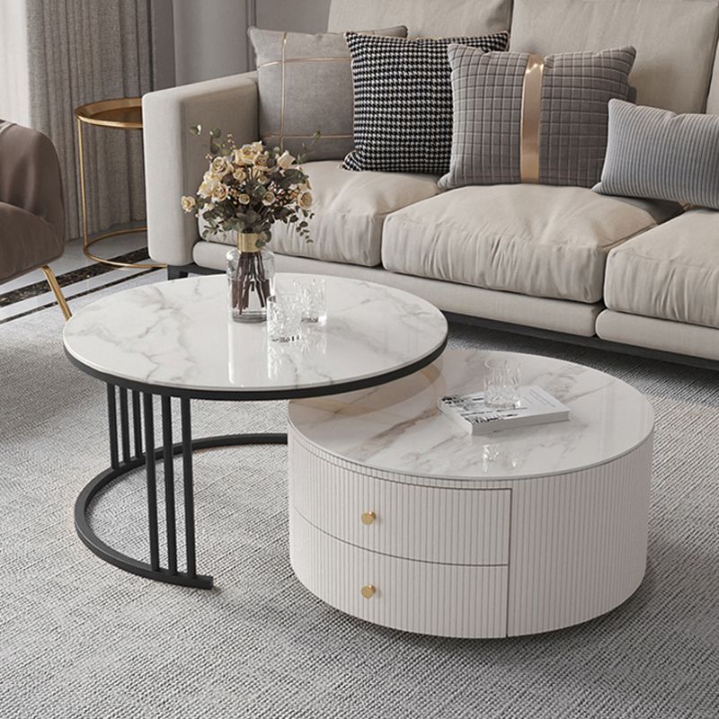 Mesa de centro con tapa de piedra y estructura de pizarra, juego de mesa de centro Glam con 2 cajones