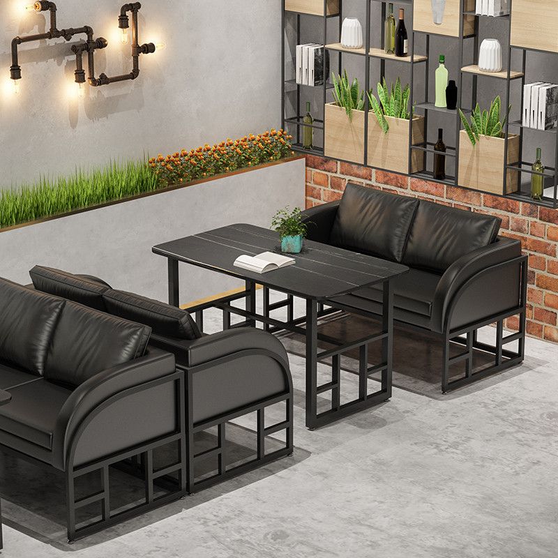 Industrial Dining Room Table Black Sintered Stone Table with Black Trestle Base Clearhalo ' dining_table' 'Dining Tables & Seating' 'Dining Tables' 'furn' 'furn_dining_table' 'Furniture' 'furniture_dining_table' 'Kitchen & Dining Furniture' 'kitchen&dining_furn' 'kitchen' 'kitchen_dining_table' 1200x1200_435b75fb-2382-4211-a15a-cc54fc54a83d