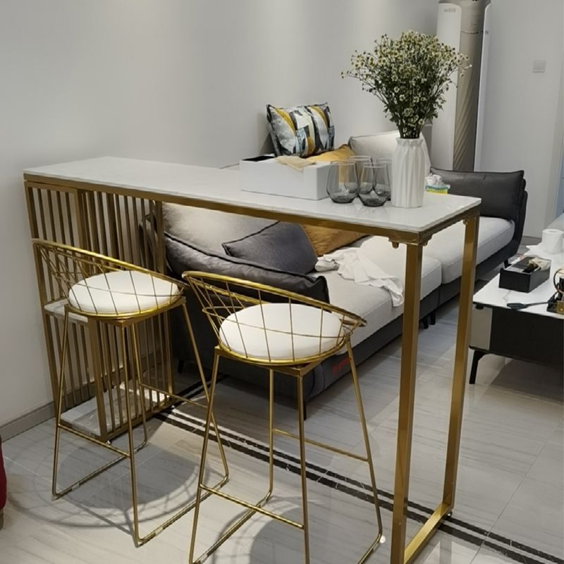 Glam Rectangle Faux Marble Pub Bar Table Iron Double Pedestal Bar Dining Table with Shelf Clearhalo 'Bar Furniture' 'Bar Tables' 'bar_tables' 'furn' 'furn_bar_tables' 'Furniture' 'furniture_bar_tables' 'Kitchen & Dining Furniture' 'kitchen&dining_furn' 'kitchen' 1200x1200_43688bbf-3e2a-4f84-9c97-90f4a4cde550