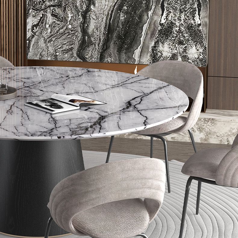 Contemporary Gray Marble Round Dining Table with Wooden Pedestal