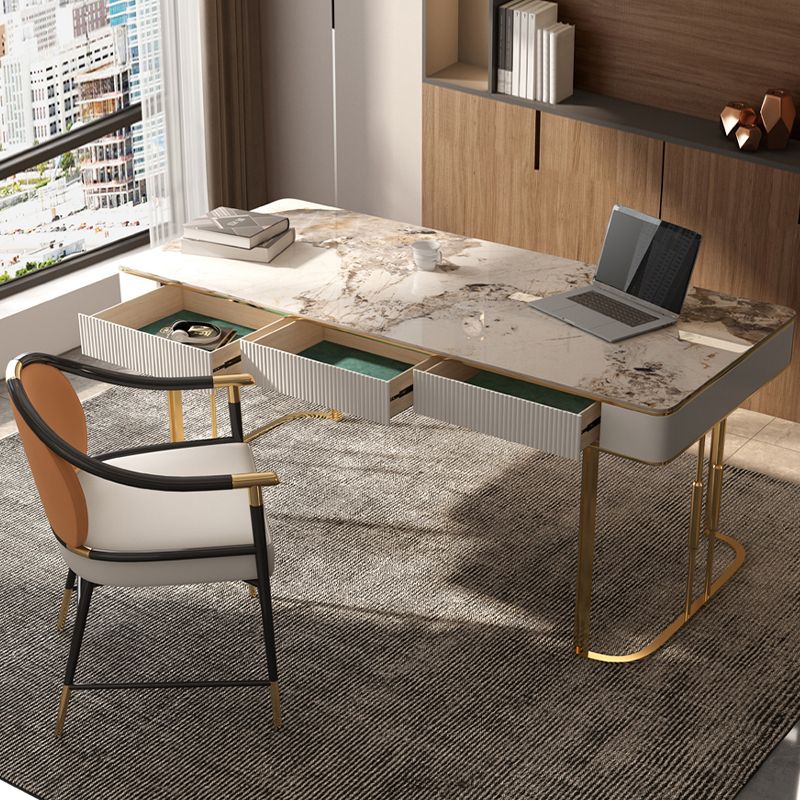 Scrivania di scrittura in pietra glam rettangolare in metallo con 3 cassetti