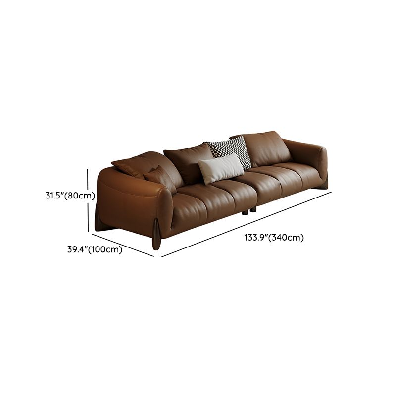 Genuine Leather Square Arm Sofa in Brown Simple Standard Sofa with Pillows