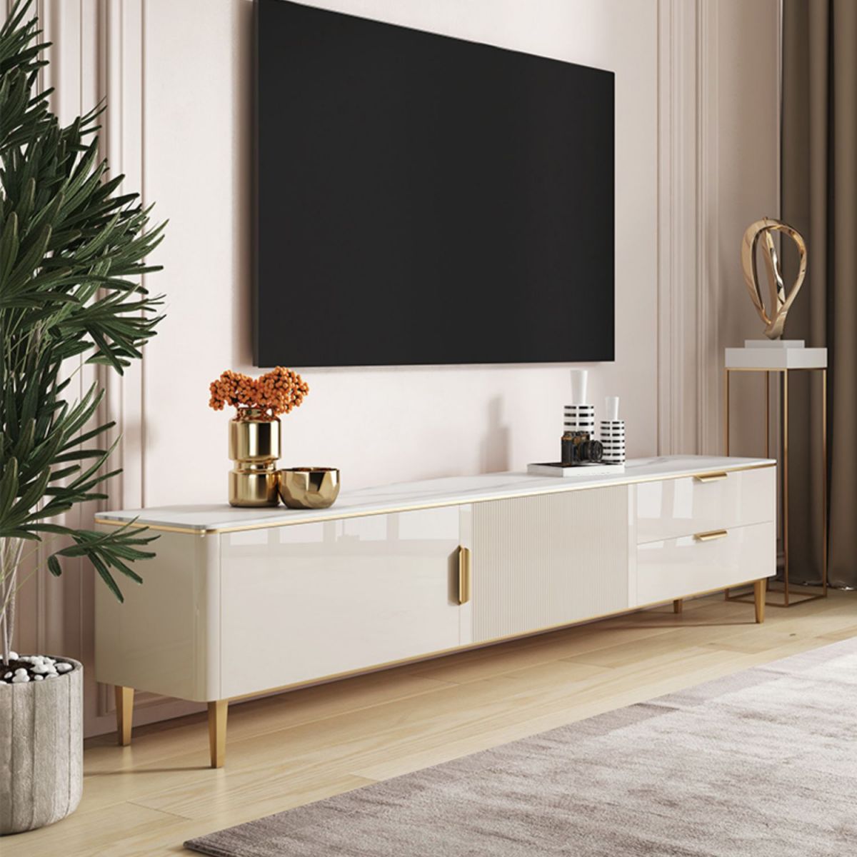 Singer de la consola de televisión de piedra sinterizada casera escandinava de televisión con patas de metal