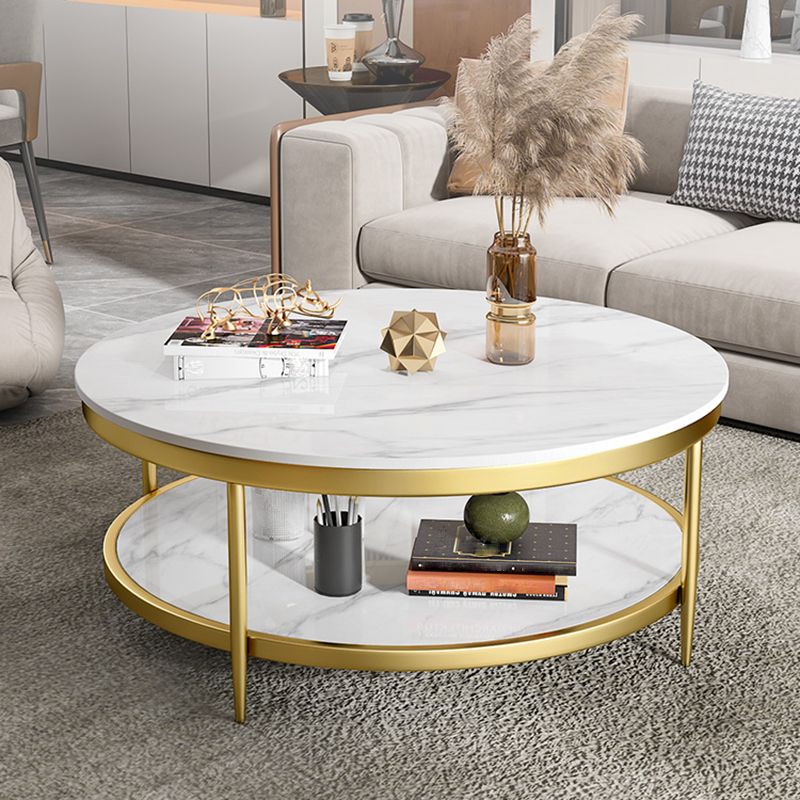 17.7" H Glam Round Slate Coffee Table Metal 4 Legs Cocktail Table with Shelf Clearhalo 'Coffee & Accent Tables' 'Coffee Tables' 'coffee_tables' 'furn' 'furn_coffee_tables' 'Furniture' 'Living Room Furniture' 1200x1200_43be1a33-cea2-4a2b-a950-fed7aef7d649