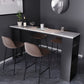 Mesa de bar de piedra sinterizada industrial, mesa de bar con base metálica rectangular, con almacenamiento