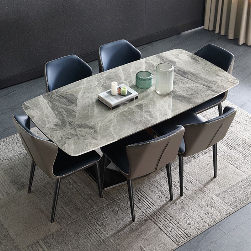 Luxury Sintered Stone Top Dining Table Rectangle Dining Table with Metal Pedestal in Black