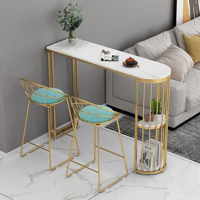 Glam White Stone Pub Bar Table Indoor Iron Double Pedestal Bar Dining Table with 2-Shelf Clearhalo 'Bar Furniture' 'Bar Tables' 'bar_tables' 'furn' 'furn_bar_tables' 'Furniture' 'furniture_bar_tables' 'Kitchen & Dining Furniture' 1200x1200_442bfe24-e447-4ffa-89ce-8b97f241c504