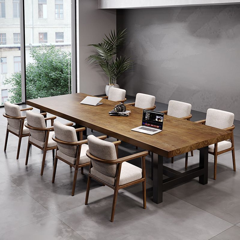 Pine Wood Top Rectangular Office Desk Industrial Desk with Black Metal Base