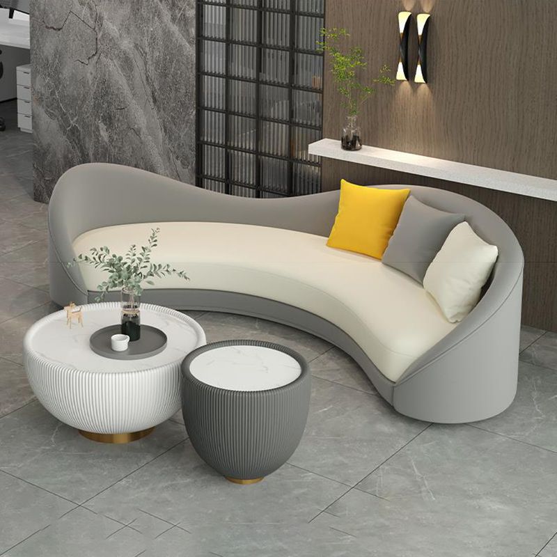 Contemporary Sloped Arm Curved Sofa Faux Leather Camel Back Sofa