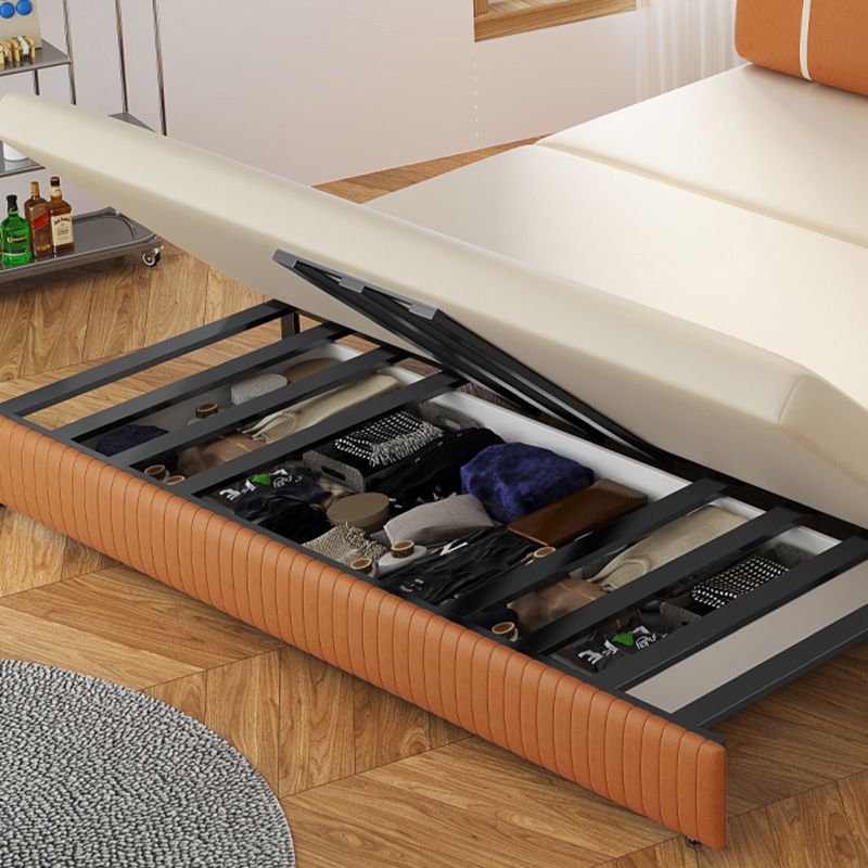 Faux Leather Convertible Sofa Bed Stain Resistant Seating in Beige and Orange