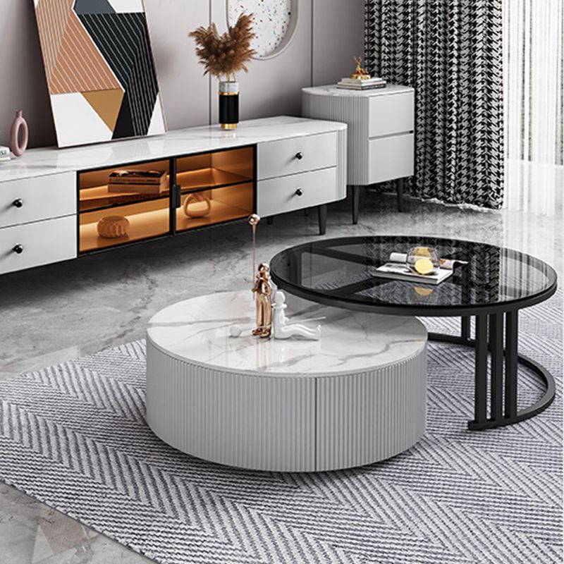 Glazen salontafel frame ronde nestelende salontafel met opbergladen