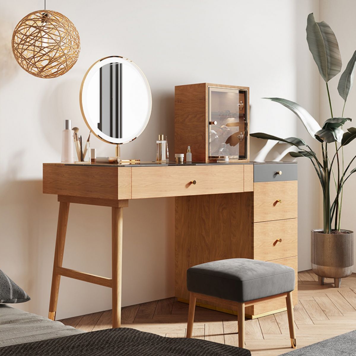 Scandinavian Makeup Vanity Table with Mirror and Stool for Bedroom