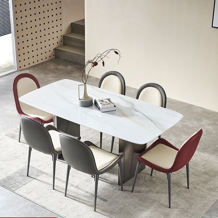 Mesa de comedor fija de piedra rectangular estilo simplicidad con pedestal doble