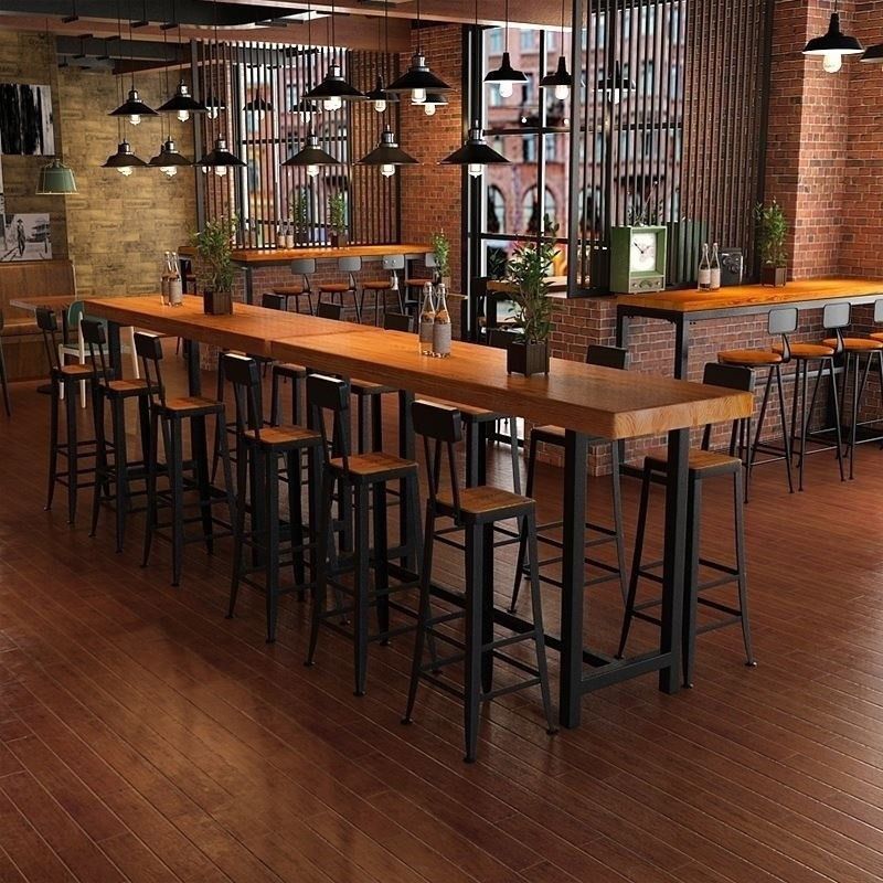 Table de bar de style industriel, bureau de bar de bistro rectangulaire en bois massif avec repose-pieds
