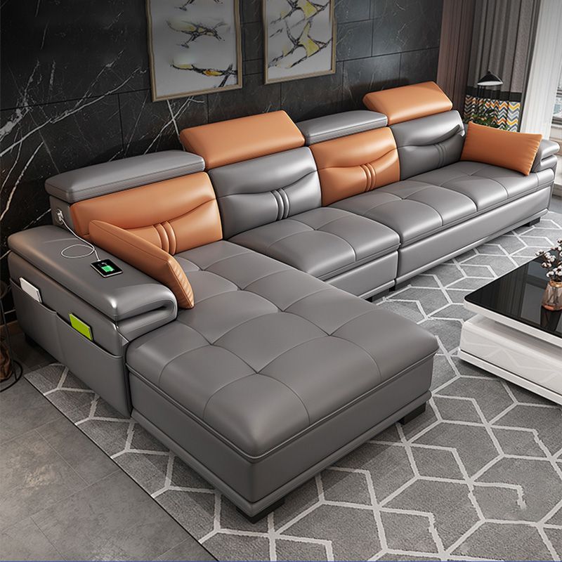 Gray Genuine Leather Sectional Sofa with Storage Bag Adjustable Sofa