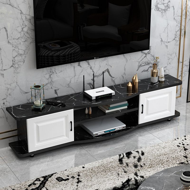 Meuble TV contemporain en bois, rangement ouvert, Console multimédia TV avec pieds pour salon