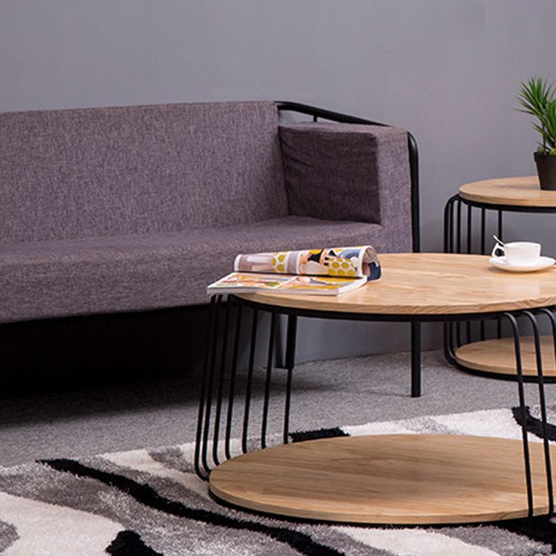 Round Solid Wood Coffee Table Drum Coffee Cocktail Table with Floor Shelf