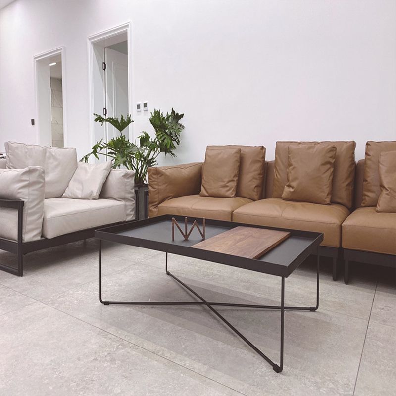 Mid-Century Modern Black Coffee Table with Iron Tray Top and Cross Legs