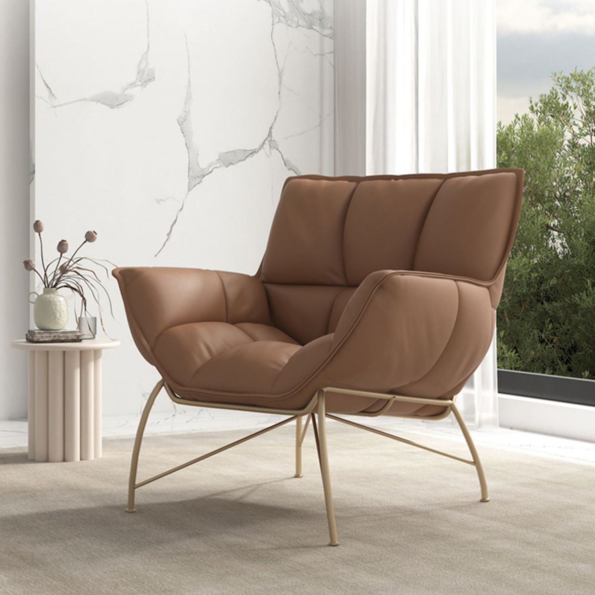 Faux Leather Arm Chair 27.55" Wide Arms Included Accent Chair with Biscuit Back