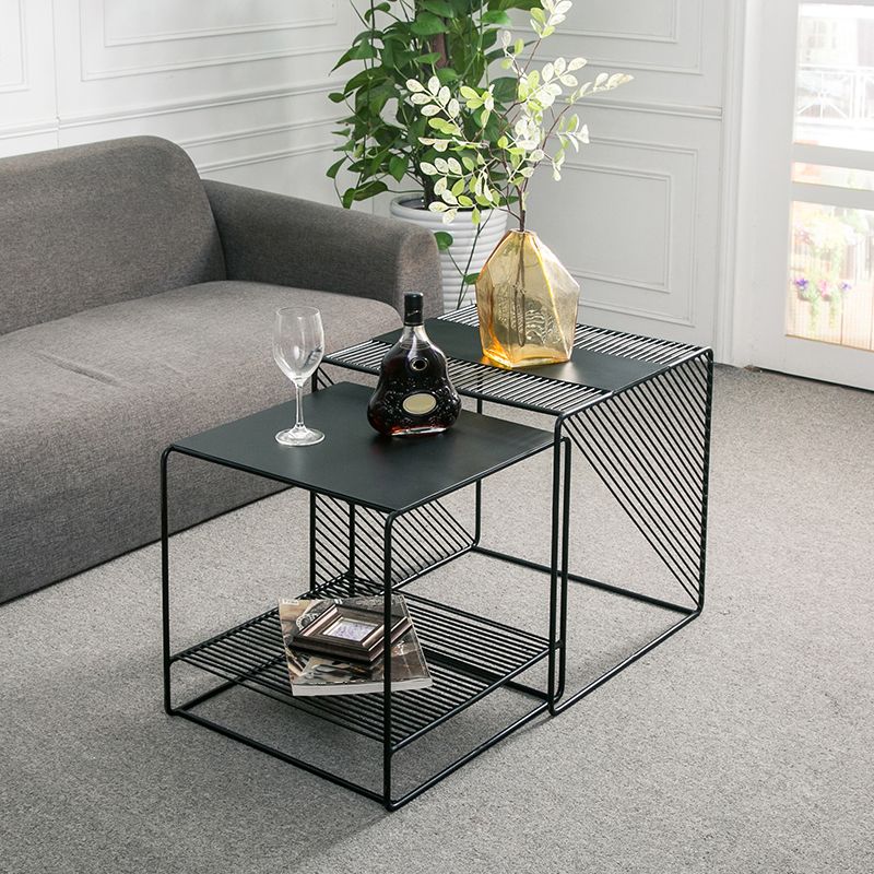 Mesa de centro cuadrada con 2 nidos y estante, juego de mesa de centro con estructura de hierro de mediados de siglo