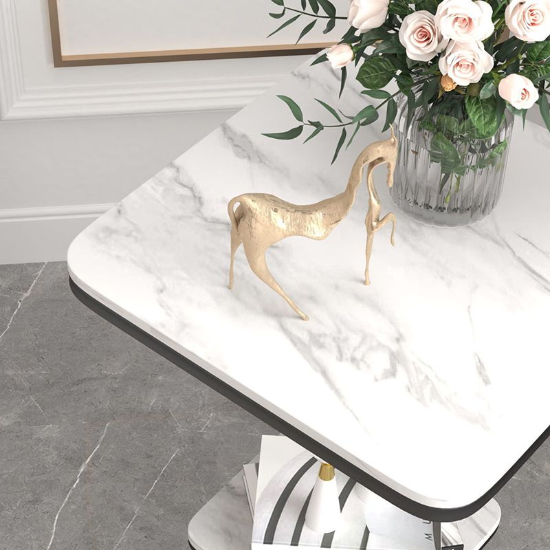 Modern Square Marble Top End Table Two-Tier Side Table with Iron Frame