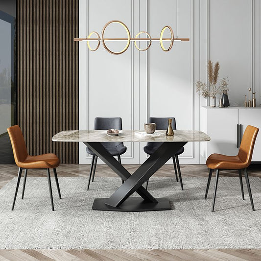 Modern Pedestal Casual Dining Table Stone Top Black Frame Dining Site Table