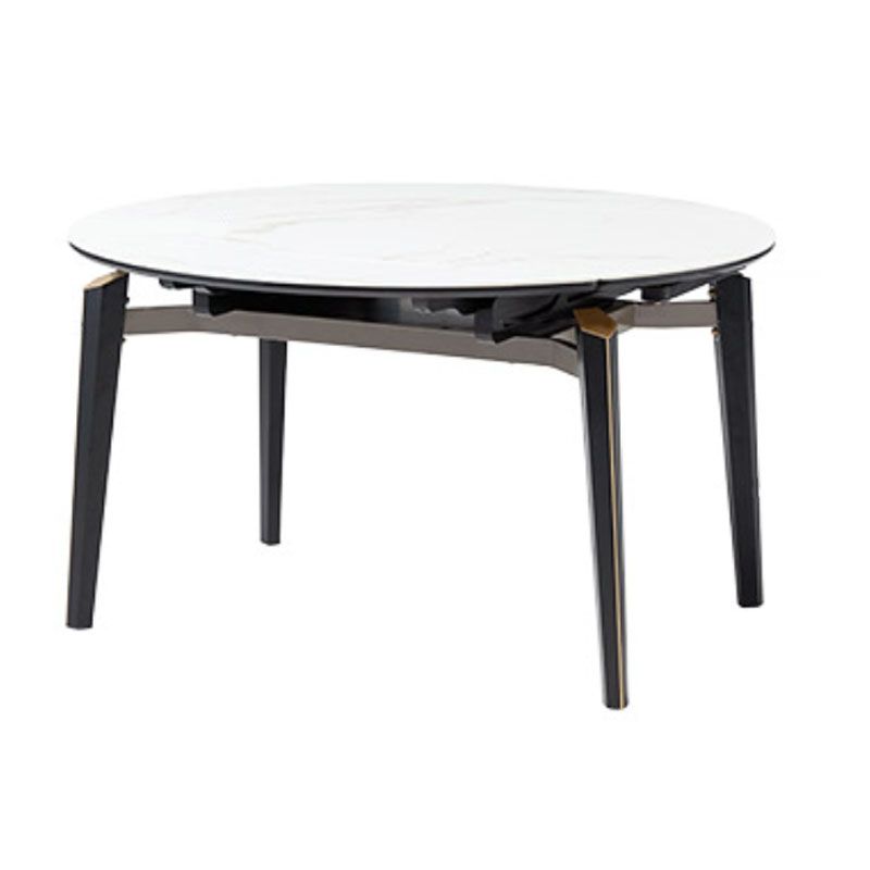 White Contemporary Round Stone Dining Table with Double Drop Leaf