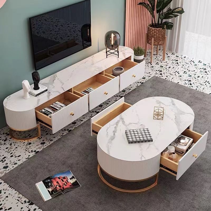 Eigentijdse TV-console met gesloten opbergruimte Witte steen TV-standaardconsole voor woonkamer