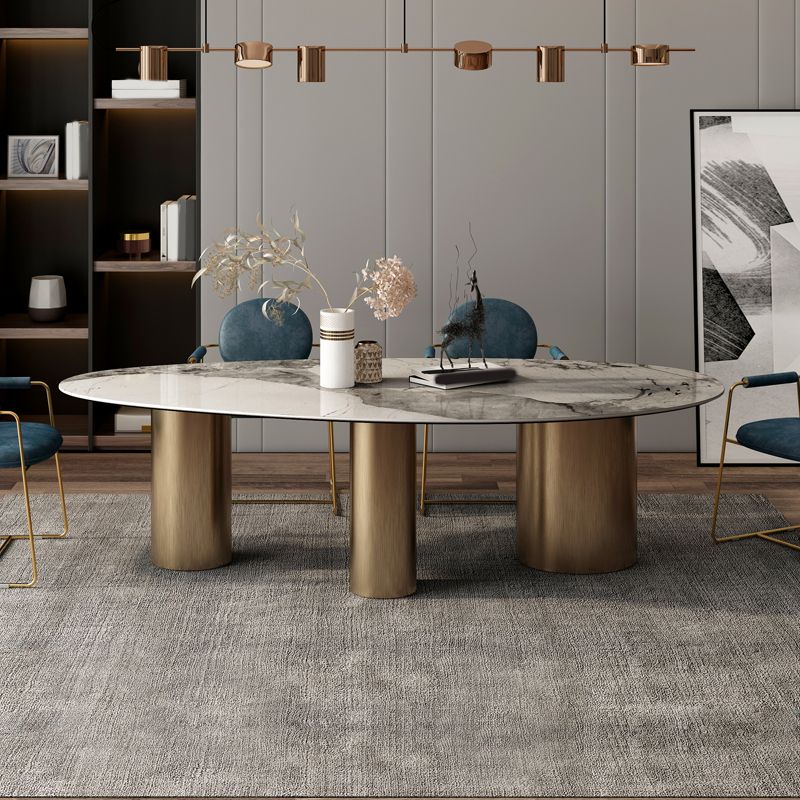 Luxury White Oval Stone Tabletop Dining Table with Gold Round Base