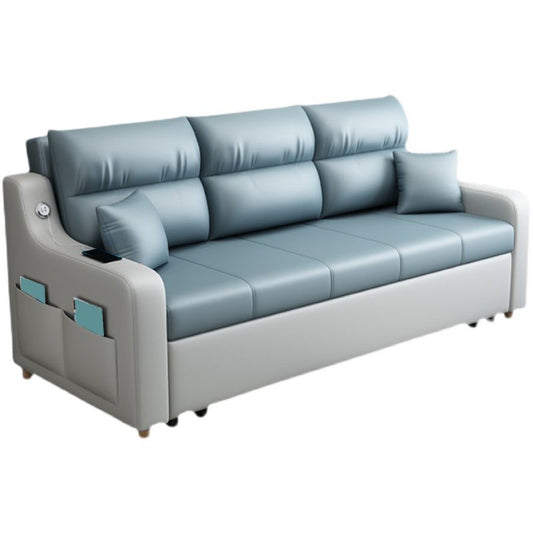 Contemporary Stain Resistant Sofa Bed Faux Leather Couch Bed in Blue