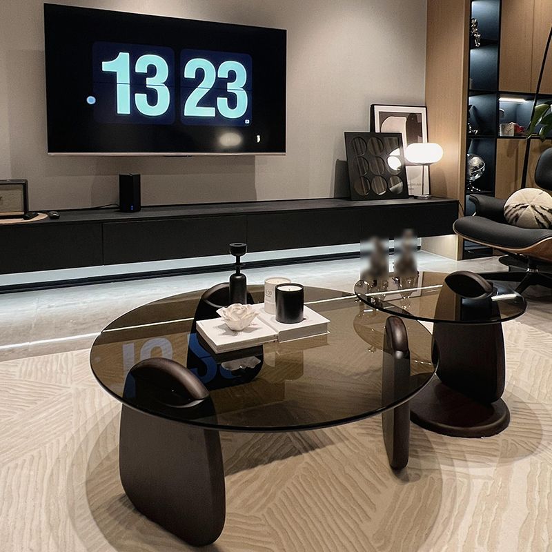 Tavolino rotondo a 2 pezzi moderno in vetro espresso nidificazione in legno tavolino