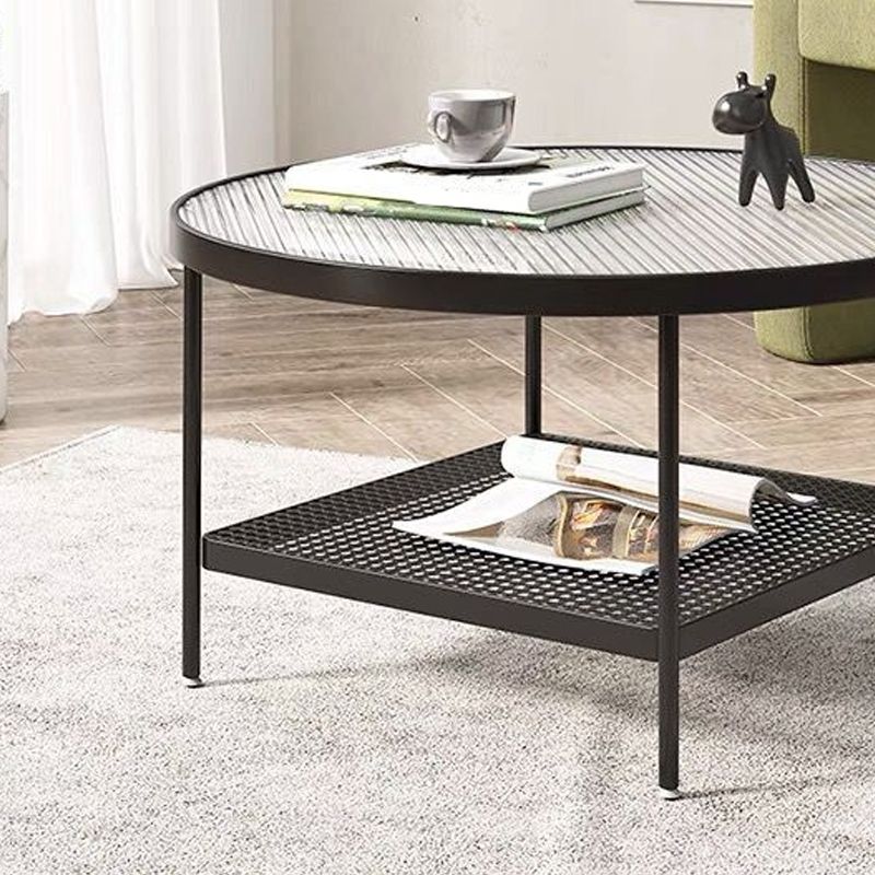 Table de cocktail ronde en verre, table basse en fer à 4 pieds avec étagère