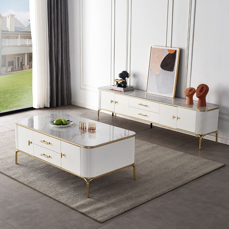 Glam 4-beiniger einzelner Couchtisch aus Schiefer, rechteckiger Cocktailtisch mit 2 Schubladen