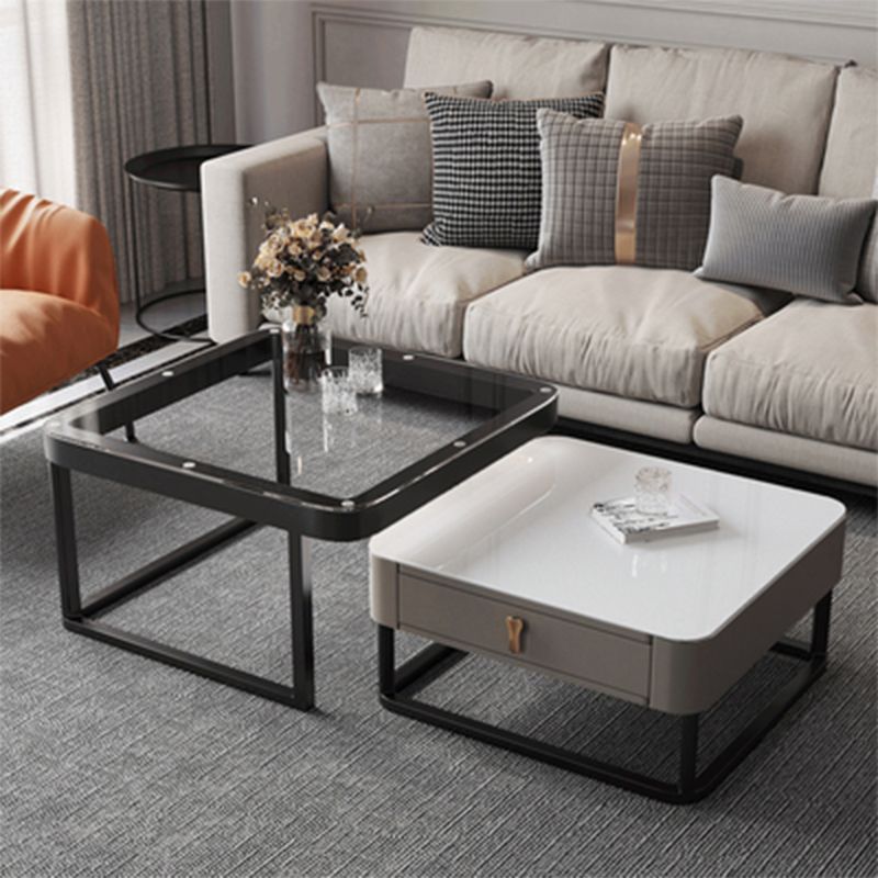 Coffee Table with a Black Frame Base Made of Glass and Rock Sheet and a Square Top Clearhalo 'Coffee & Accent Tables' 'Coffee Tables' 'coffee_tables' 'furn' 'furn_coffee_tables' 'Furniture' 'furniture_coffee_tables' 'Living Room Furniture' 1200x1200_456596bd-5391-472c-880e-08b4aa98db7d
