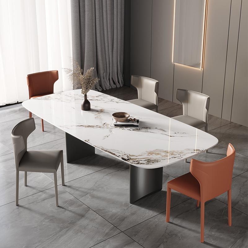 Metal Traditional Luxury Rectangle Table Sintered Stone Table with Double Pedestal Base Clearhalo 'Dining Tables & Seating' 'Dining Tables' 'dining_table' 'furn' 'furn_dining_table' 'Furniture' 'Kitchen & Dining Furniture' 1200x1200_4576f941-940f-472c-9c16-36dbc668c0f7