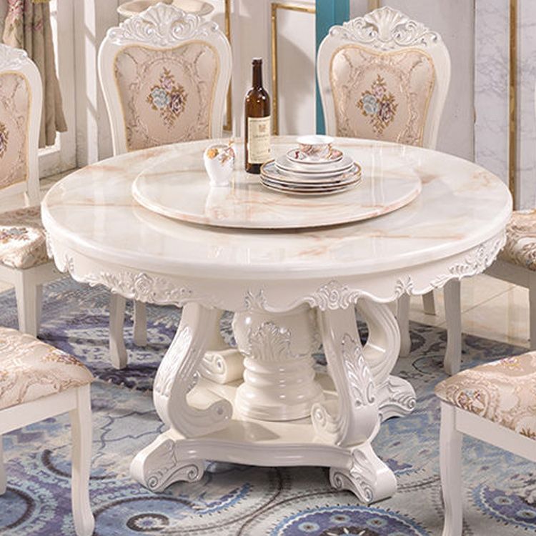 White Stone Top Dining Table Round Table with Wood Pedestal Base